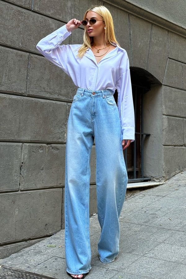 Trend Alaçatı Stili Trend Alaçatı Stili Women's Blue High Waist Faded Effect Wide Leg Flowy Jeans