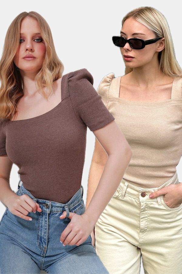 Trend Alaçatı Stili Trend Alaçatı Stili Women's Brown-Beige Square Collar 2-Pack Princess Sleeve Regular Fit Blouse