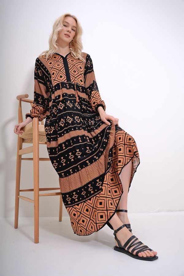 Trend Alaçatı Stili Trend Alaçatı Stili Women's Brown Black Tassel Detailed Layered Flounced Ethnic Patterned Woven Viscose Dress