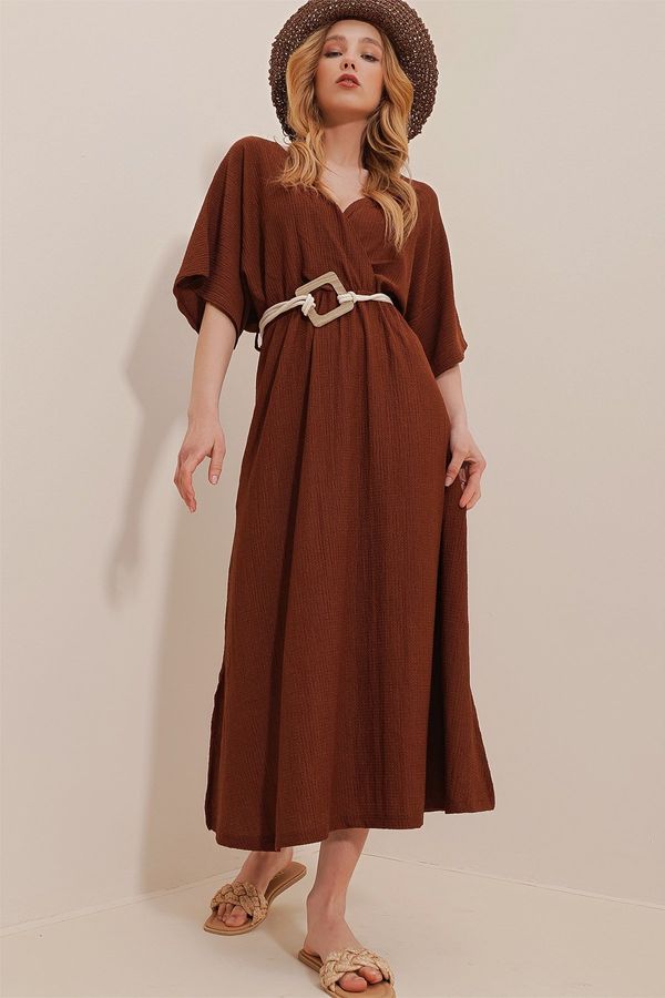 Trend Alaçatı Stili Trend Alaçatı Stili Women's Brown Double Breasted Collar Waist Belted Midi Dress