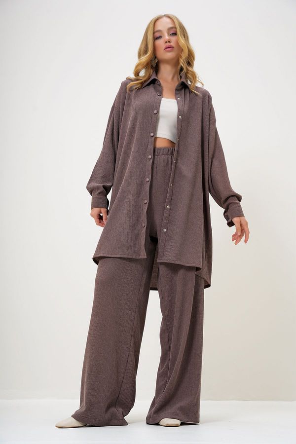 Trend Alaçatı Stili Trend Alaçatı Stili Women's Brown Shirt Collar Button Front Crepe Shirt and Trouser Set
