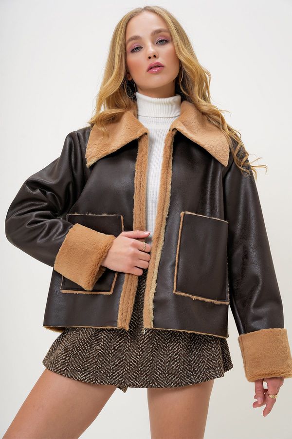 Trend Alaçatı Stili Trend Alaçatı Stili Women's Brown Shirt Collar Faux Leather Biker Winter Jacket with Plush Pockets Inside