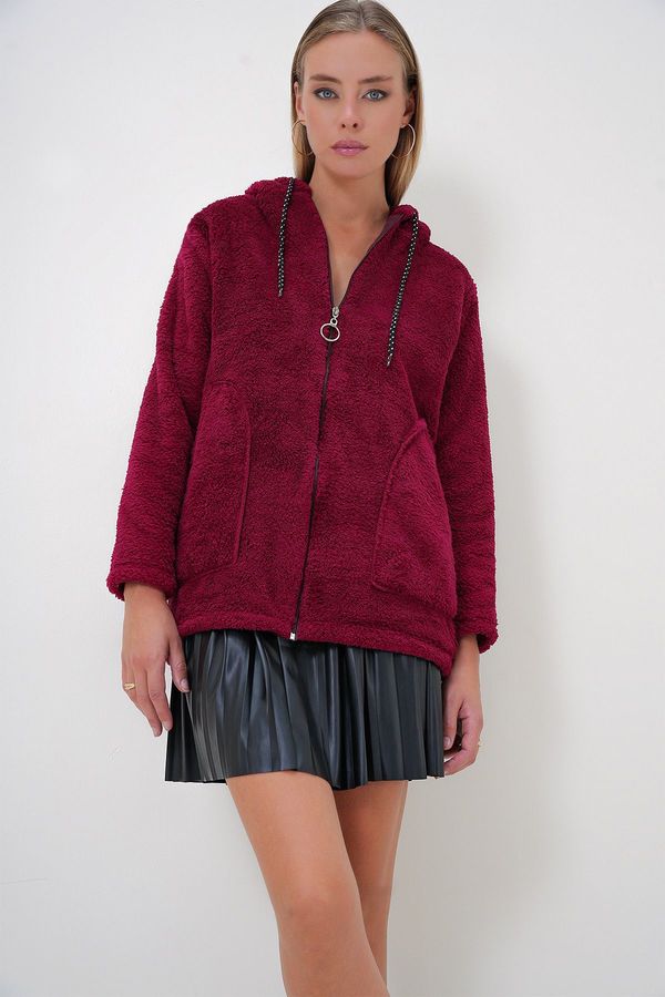 Trend Alaçatı Stili Trend Alaçatı Stili Women's Burgundy Hooded Front Zippered Double Pocket Oversize Plush Sweatshirt