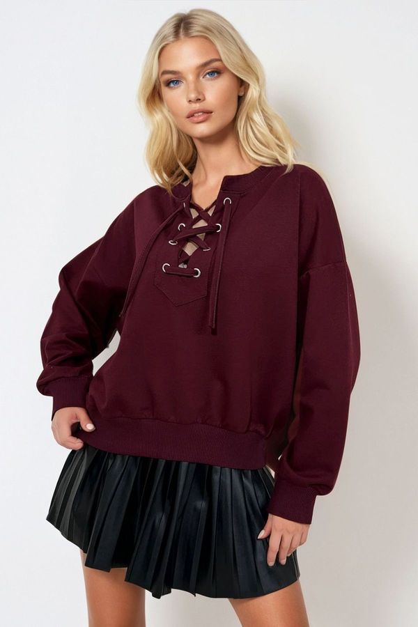 Trend Alaçatı Stili Trend Alaçatı Stili Women's Burgundy Lace-Up Front Oversize Sweatshirt
