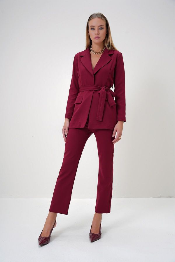 Trend Alaçatı Stili Trend Alaçatı Stili Women's Burgundy Lined Blazer Jacket and Trousers Top and Bottom Set