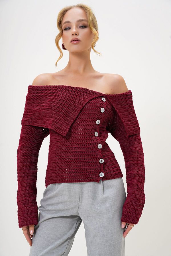Trend Alaçatı Stili Trend Alaçatı Stili Women's Burgundy Madonna Collar Button Detailed Openwork Winter Knitwear Sweater