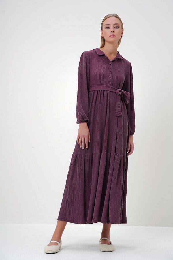 Trend Alaçatı Stili Trend Alaçatı Stili Women's Burgundy Shirt Collar Button-Down Skirt Flounce Belted Long Dress