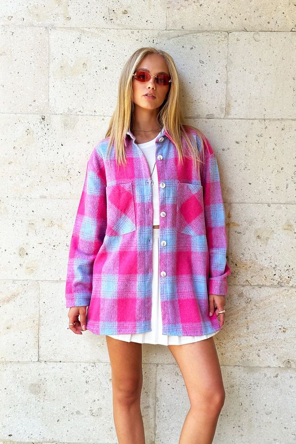 Trend Alaçatı Stili Trend Alaçatı Stili Women's Candy Pink Plaid Patterned Cashmere Cotton Oversize Safari Jacket Shirt