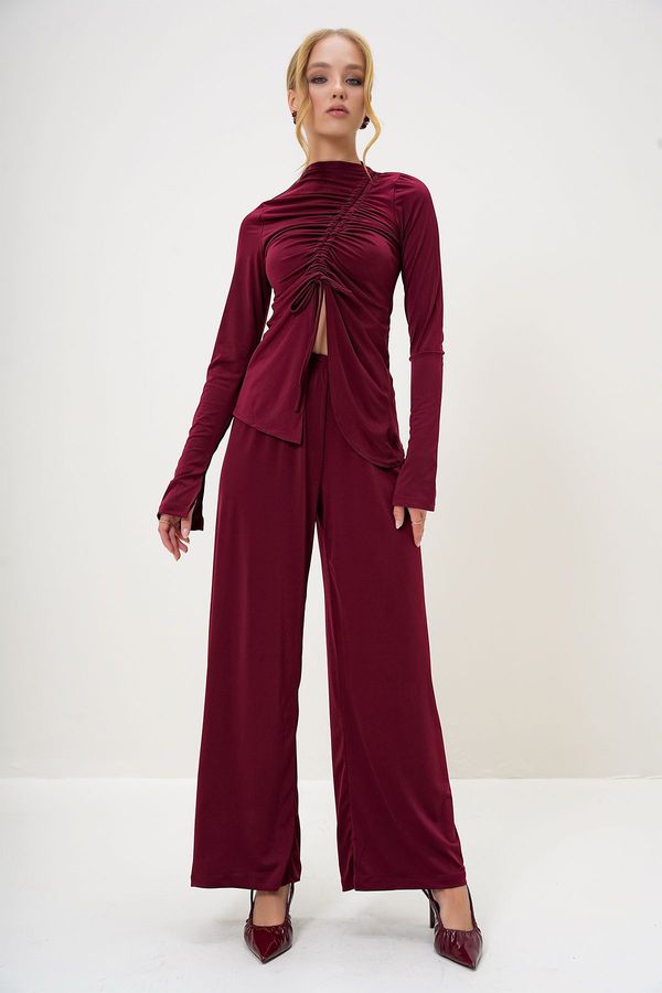 Trend Alaçatı Stili Trend Alaçatı Stili Women's Claret Red Stand Collar Gathered Detail Asymmetric Cut Sandy Trouser Blouse Two Piece Set
