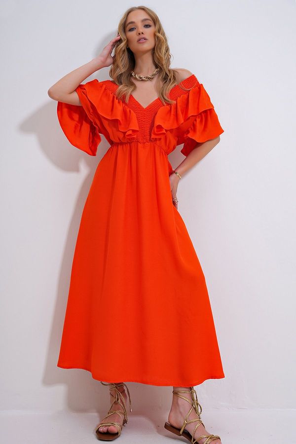 Trend Alaçatı Stili Trend Alaçatı Stili Women's Coral Collar Gimped and Flounced Waist Belted Midi-Weaving Dress