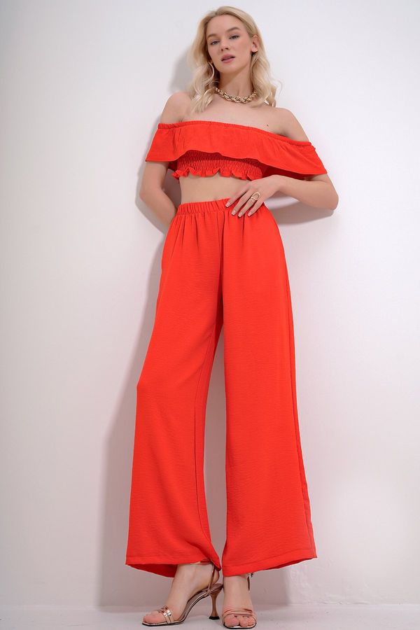 Trend Alaçatı Stili Trend Alaçatı Stili Women's Coral Madonna Collar Gimped Crop Blouse And Palazzo Pants Woven Bottom Top Set