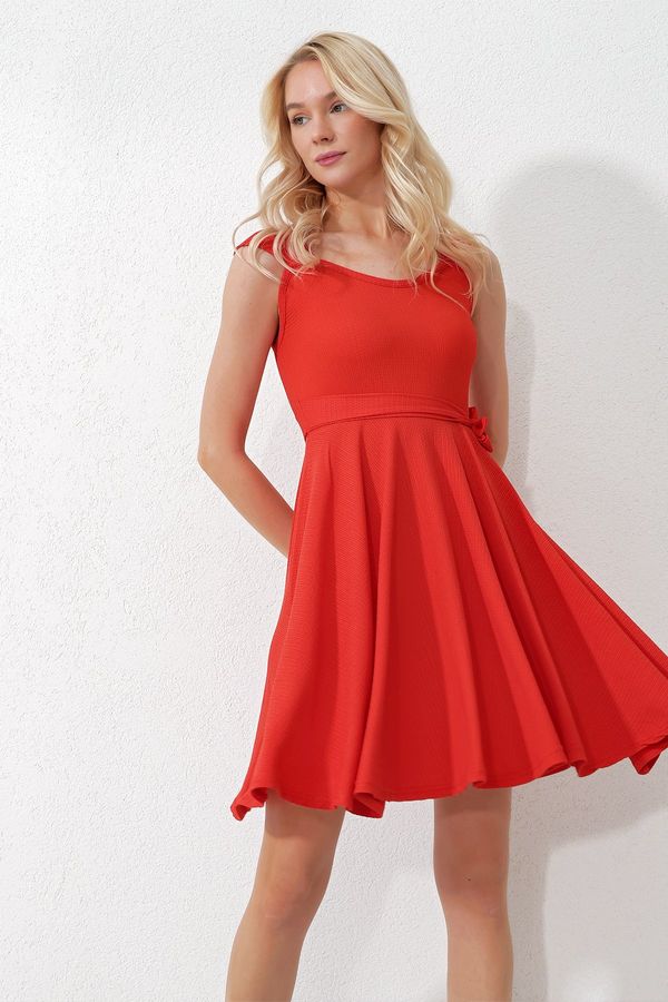 Trend Alaçatı Stili Trend Alaçatı Stili Women's Coral Thick Strappy Skirt Flounce Tied Belted Dress