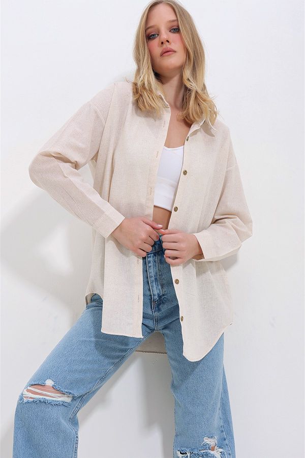 Trend Alaçatı Stili Trend Alaçatı Stili Women's Cream Oversize Linen Shirt