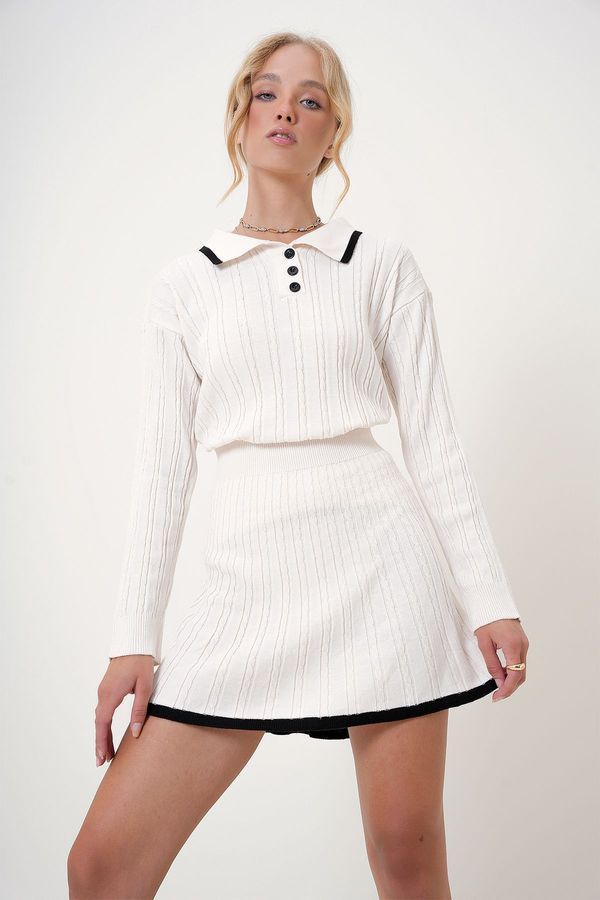 Trend Alaçatı Stili Trend Alaçatı Stili Women's Ecru Polo Collar Buttoned Knitwear Sweater and Skirt Set