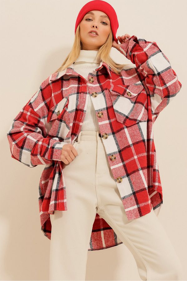 Trend Alaçatı Stili Trend Alaçatı Stili Women's Ecru Red Checked Patterned Stamped Cotton Oversize Safari Jacket Shirt