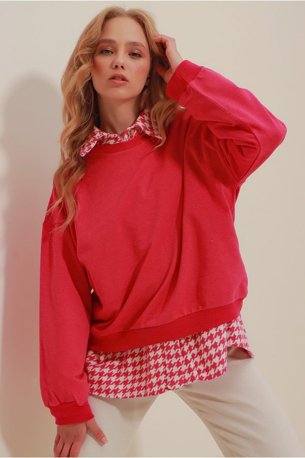 Trend Alaçatı Stili Trend Alaçatı Stili Women's Fuchsia Crew Neck Oversized Basic Sweatshirt