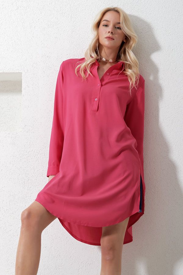 Trend Alaçatı Stili Trend Alaçatı Stili Women's Fuchsia Shirt Collar Half Pop Long Woven Tunic