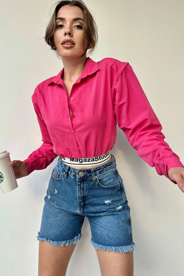 Trend Alaçatı Stili Trend Alaçatı Stili Women's Fuchsia Shoulder Padded Sleeves Gathered Elastic Waist Crop Poplin Shirt.