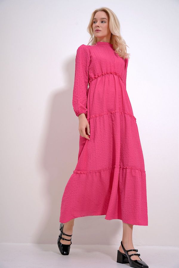 Trend Alaçatı Stili Trend Alaçatı Stili Women's Fuchsia Stand Collar Ruffle Detailed Balloon Sleeve Self Textured Dress