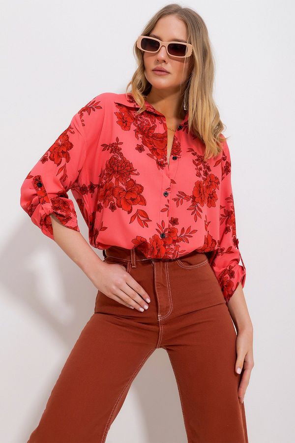 Trend Alaçatı Stili Trend Alaçatı Stili Women's Garnet Pattern Woven Viscose Shirt