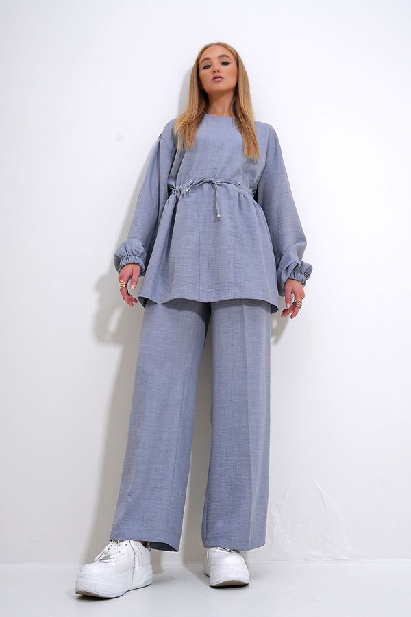 Trend Alaçatı Stili Trend Alaçatı Stili Women's Gray Crew Neck Self-Belt Palazzo Trousers Tunic Suit