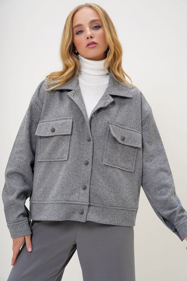 Trend Alaçatı Stili Trend Alaçatı Stili Women's Gray-Purple Lined Double Pocket Stamp Jacket