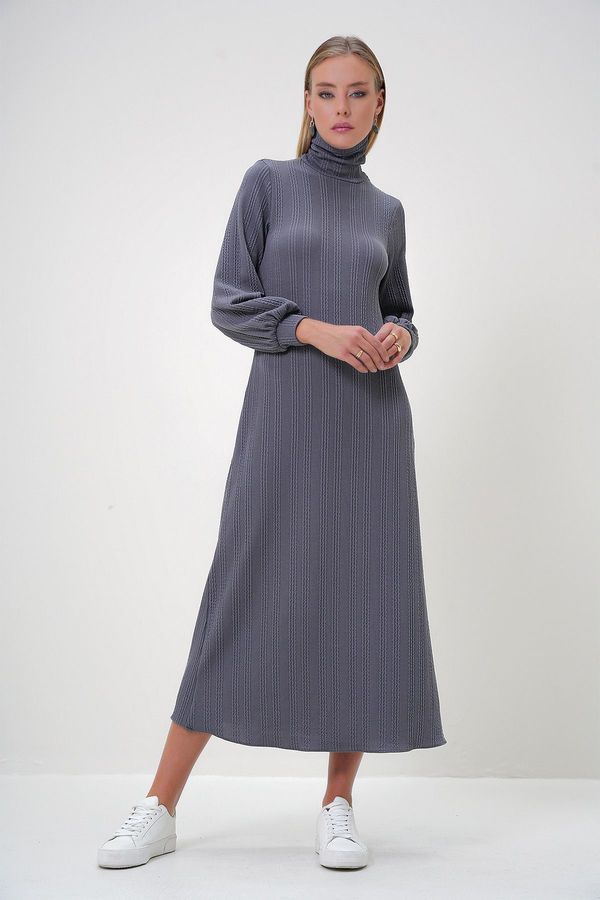 Trend Alaçatı Stili Trend Alaçatı Stili Women's Gray Turtleneck Burgundy Fabric Long Dress