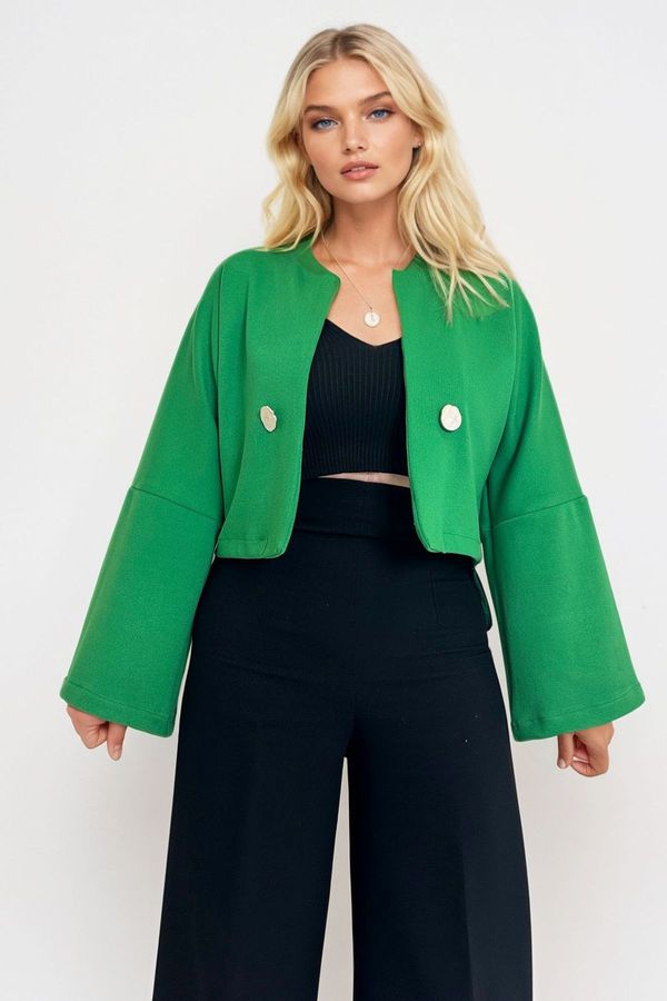 Trend Alaçatı Stili Trend Alaçatı Stili Women's Green Button Detail Open Front Short Jacket