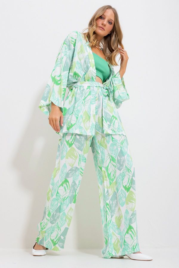 Trend Alaçatı Stili Trend Alaçatı Stili Women's Green Kimono Jacket And Palazzo Pants Set