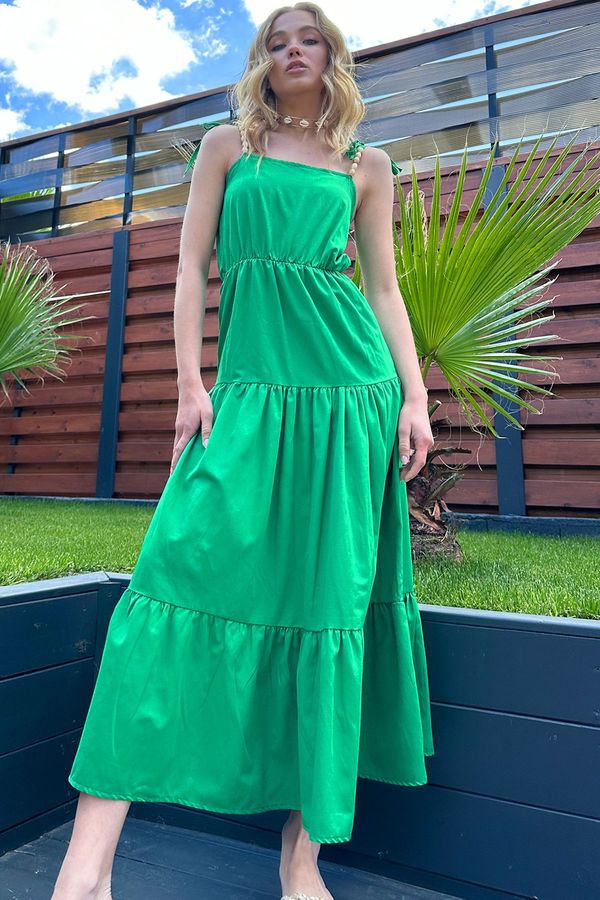 Trend Alaçatı Stili Trend Alaçatı Stili Women's Green Layered Flounce Strap Midilength Dress with Bead Accessories