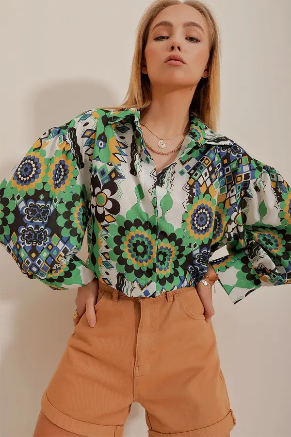 Trend Alaçatı Stili Trend Alaçatı Stili Women's Green Princess Ethnic Patterned Flamed Linen Woven Shirt