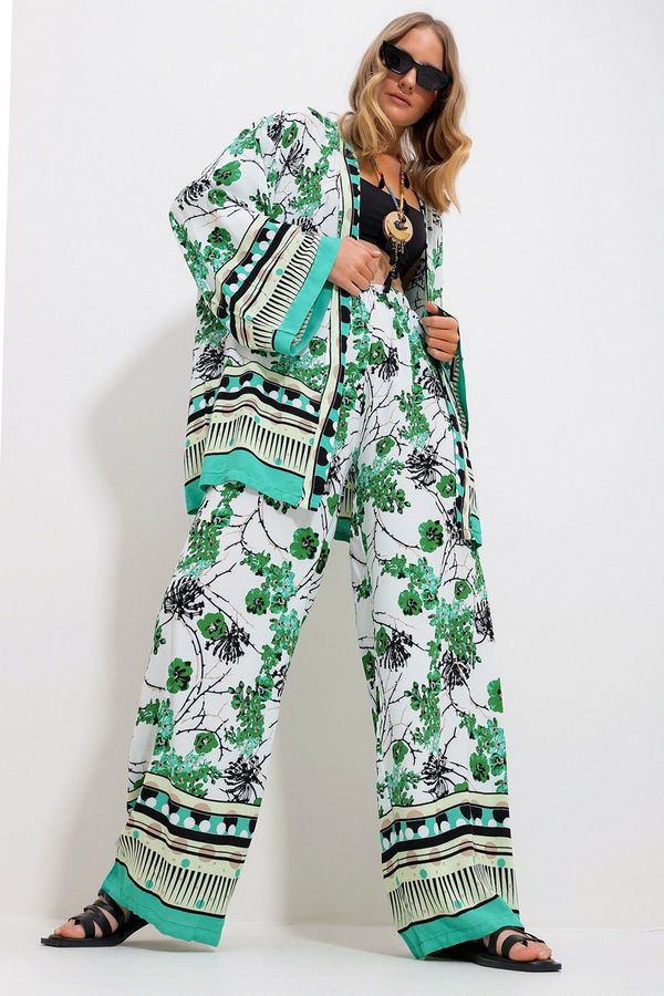 Trend Alaçatı Stili Trend Alaçatı Stili Women's Green-White Kimono Jacket And Palazzo Pants Suit