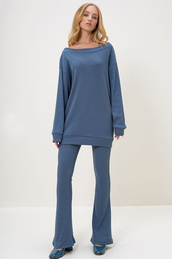 Trend Alaçatı Stili Trend Alaçatı Stili Women's Indigo Boat Neck Camisole Oversize Blouse and Bell-bottom Trouser Set