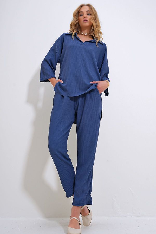 Trend Alaçatı Stili Trend Alaçatı Stili Women's Indigo Oversize Shirt Collar Blouse And High Waist Pants Set