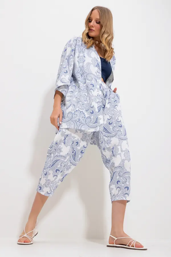 Trend Alaçatı Stili Trend Alaçatı Stili Women's Indigo Patterned Kimono With Jacket And Trousers Linen Woven Bottom Top Set