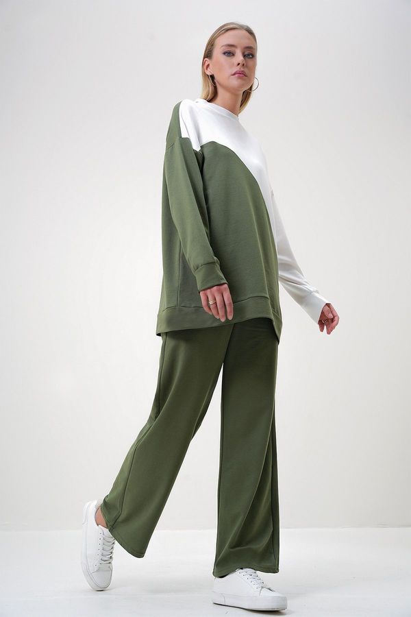 Trend Alaçatı Stili Trend Alaçatı Stili Women's Khaki Crew Neck Color Block Two Thread Bottom-Top Set