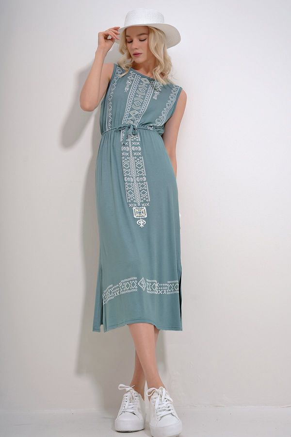 Trend Alaçatı Stili Trend Alaçatı Stili Women's Mint Embroidery Printed Bohemian Dress