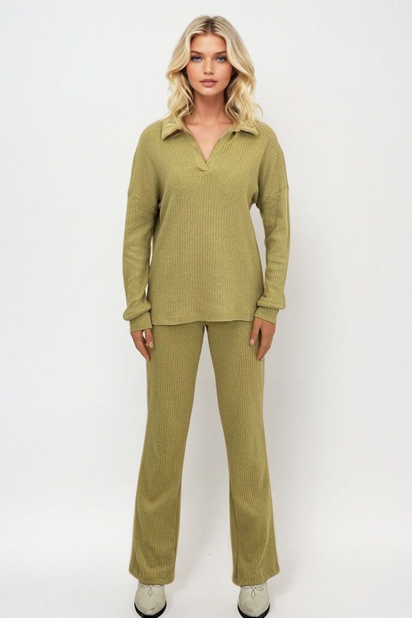 Trend Alaçatı Stili Trend Alaçatı Stili Women's Oil Green Polo Neck Top and Palazzo Pants Knitwear Bottom Top Set