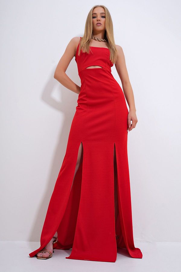 Trend Alaçatı Stili Trend Alaçatı Stili Women's Red Adjustable Strap Out Cut Slit Graduation Dress