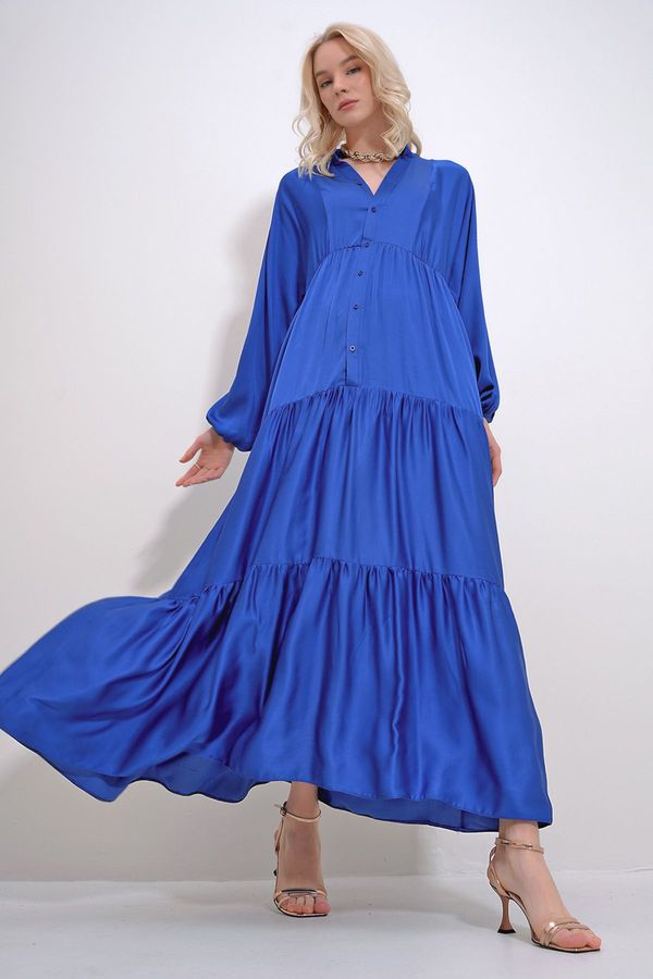 Trend Alaçatı Stili Trend Alaçatı Stili Women's Saks Crew Neck Buttoned Flounced Skirt Gathered Viscose Dress