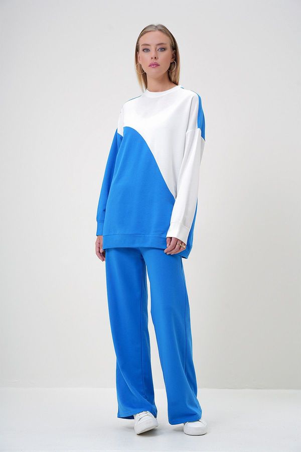 Trend Alaçatı Stili Trend Alaçatı Stili Women's Saxe Crew Neck Color Block Two Thread Bottom-Top Set