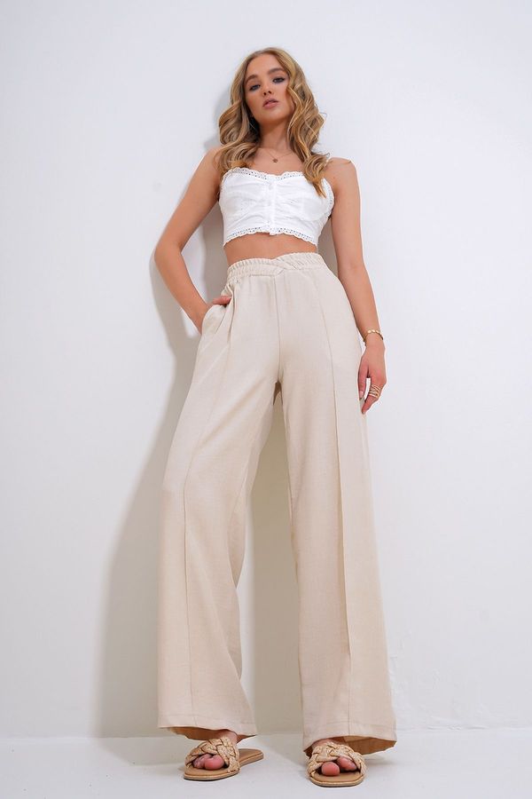 Trend Alaçatı Stili Trend Alaçatı Stili Women's Stone Double Breasted Elastic Waist Palazzo Trousers