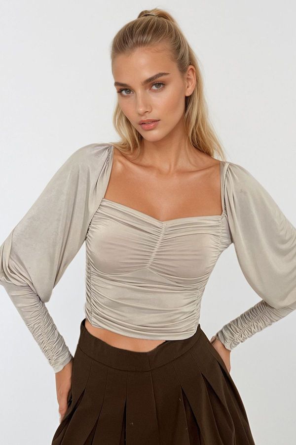 Trend Alaçatı Stili Trend Alaçatı Stili Women's Stone Kiss Collar Princess Sleeve Front Draped Sandy Blouse