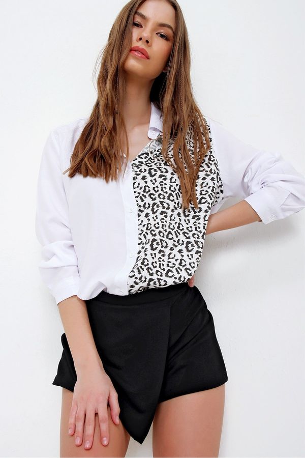 Trend Alaçatı Stili Trend Alaçatı Stili Women's White Leopard Blocky Woven Shirt