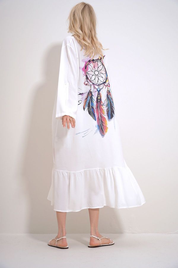 Trend Alaçatı Stili Trend Alaçatı Stili Women's White Single Pocket Skirt Flounced Back Printed Woven Viscose Shirt Dress