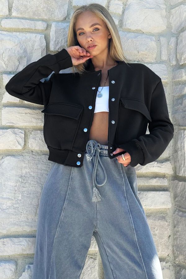 Trend Alaçatı Stili Trend Alaçatı Stili Ženski črni snap snap snaper dvojni žepni obrezovalni jopič