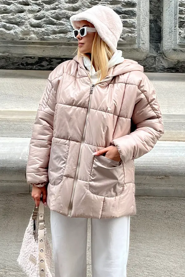 Trend Alaçatı Stili Trend Alaçatı Stili Ženski kamen s kapuco Zunanji žepni pufer Moda Prevelik Puhast plašč