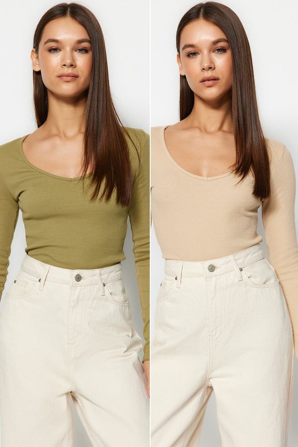 Trendyol Trendyol 2-Pack Khaki-Beige V-Neck Fitted Cotton Stretch Knit Blouse