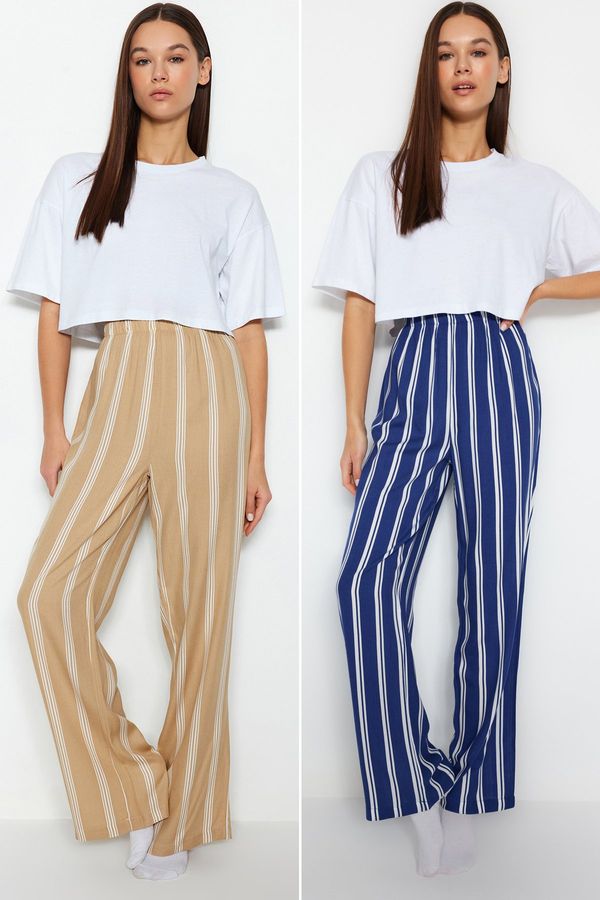 Trendyol Trendyol 2-Pack Navy Blue-Beige Viscose Woven Pajama Bottoms