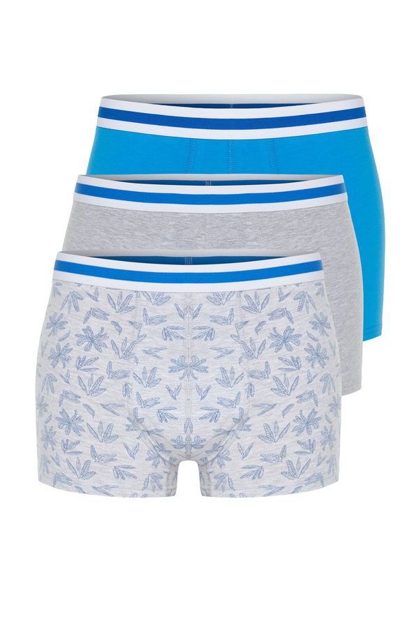 Trendyol Trendyol 3-Piece Grey-Blue Tropical Patterned-Plain Mix Cotton Boxers